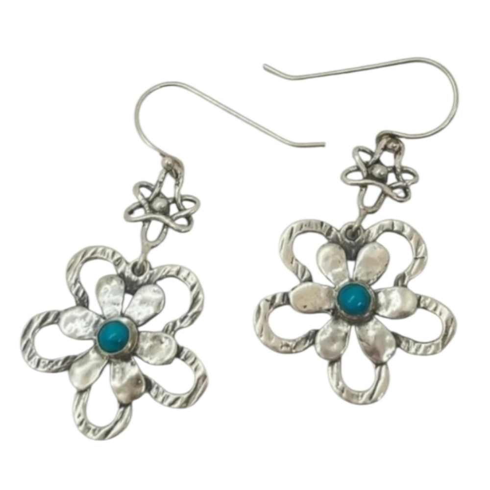 Silvertone Turquoise Flower Earrings - Picture 1 of 3